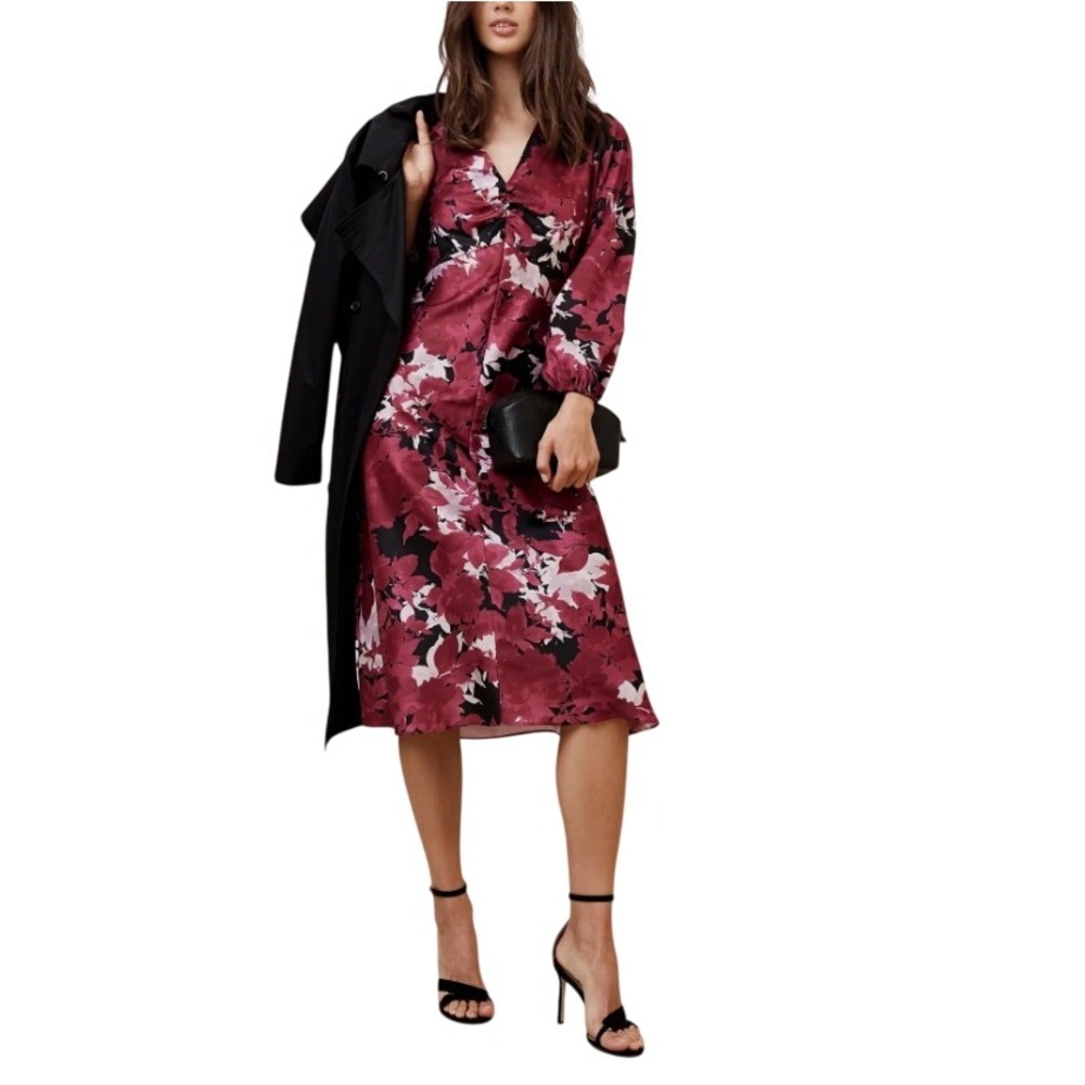 Banana‎ Republic Burgundy Floral V-Neck Midi Dress Long Sleeve Size 4